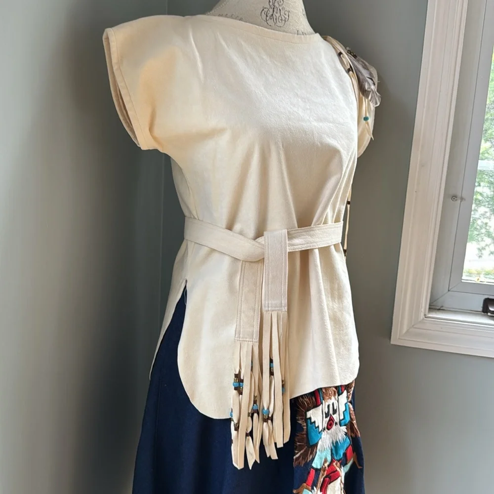 Native American appliqué Jean midi skirt with feather faux suede tunic EVC small